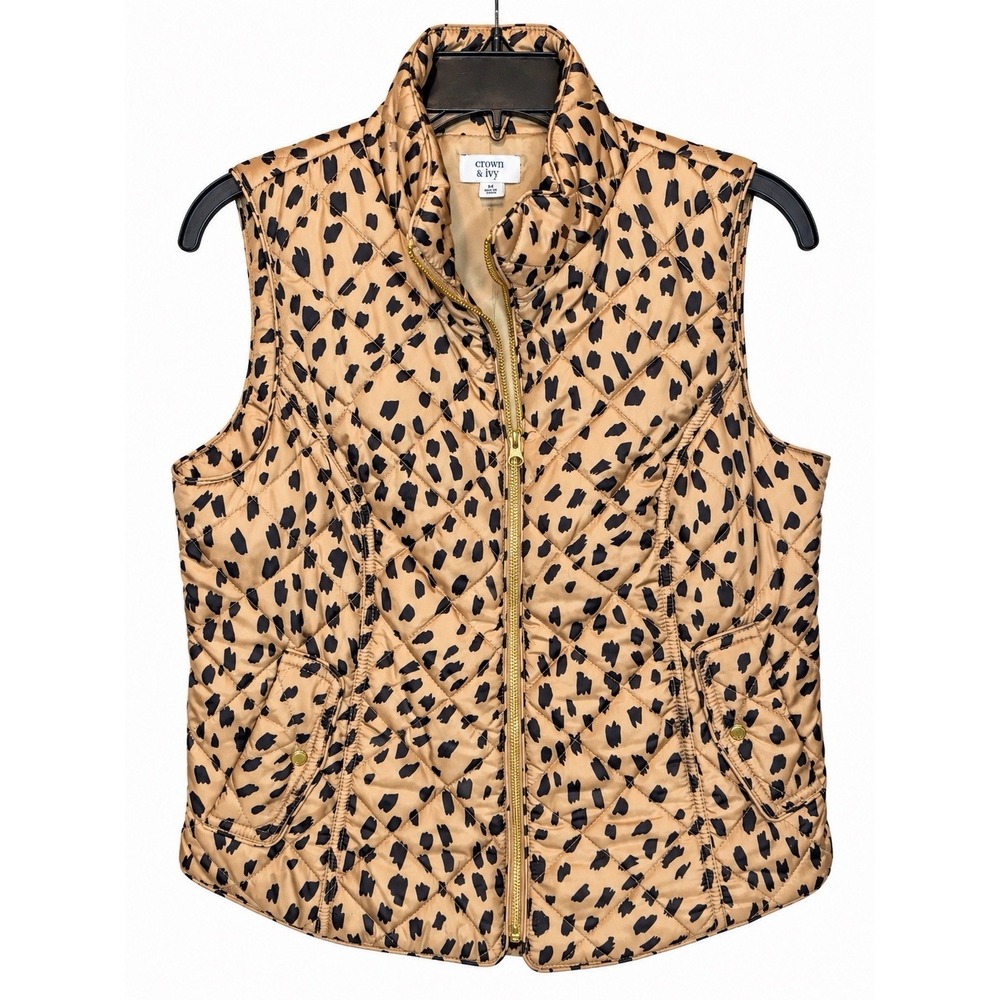 Crown & Ivy Women's PM Leopard Print Quilted Vest Zip Front Gold Hardware
